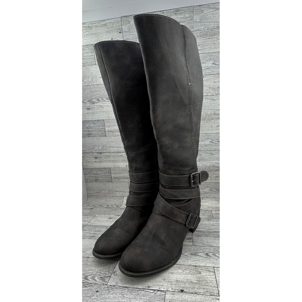RuffHewn Maddock Dark Gray Distressed Moto Tall Boots Buckle Strap Women Sz 8.5M